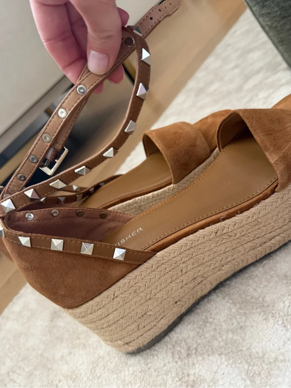 Marc Fisher Tan Suede Studded Espadrille Wedge Sandals